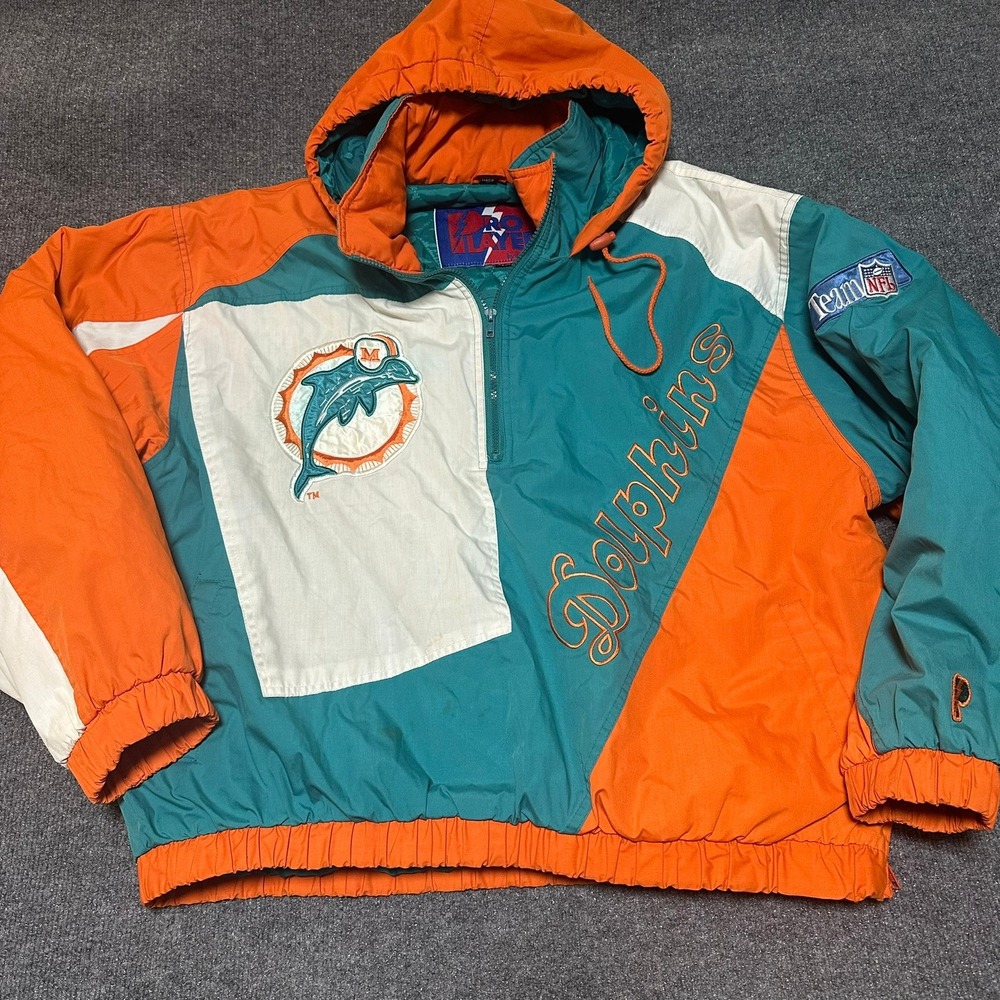 Vintage Miami Dolphins Pro Player Hooded Puffer Jacket Orange Aqua Large 90s NFL
